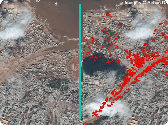 A split-screen satellite image demonstrating the SKAI model's post-disaster damage assessment. The left panel shows a pre-disaster aerial view of a coastal urban zone, while the right panel displays the same area post-disaster, heavily overlaid with red marker dots indicating AI-detected structural and building damage.
