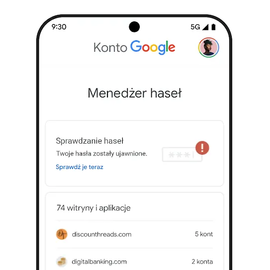 Obraz telefonu z interfejsem sprawdzania haseł.