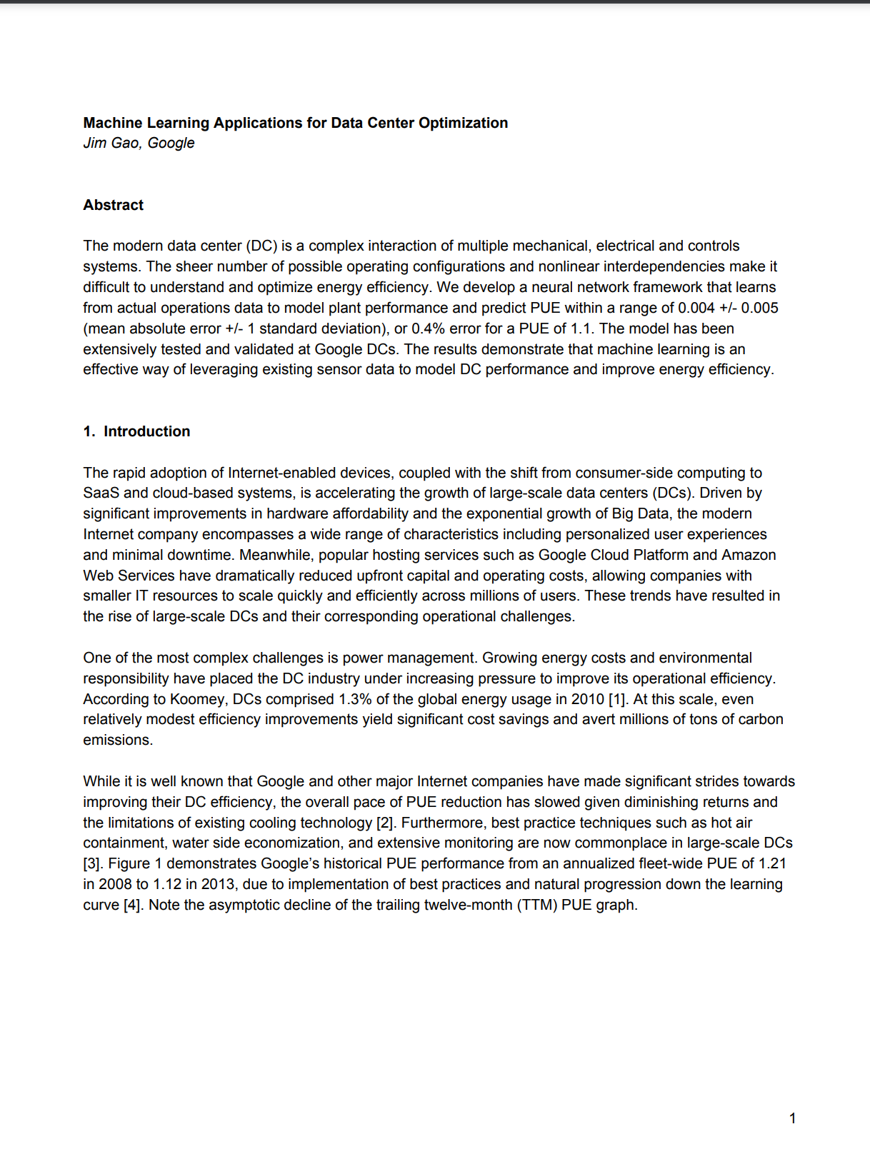 Cover image of a white paper titled: Machine Learning Applications for Data Center Optimization