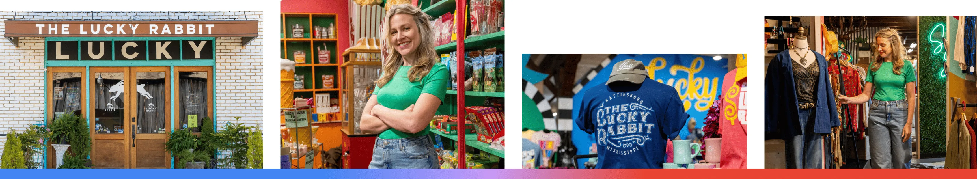 Four images of Abby Thaxton, the co-owner of The Lucky Rabbit, a vintage store in Hattiesburg, Mississippi.