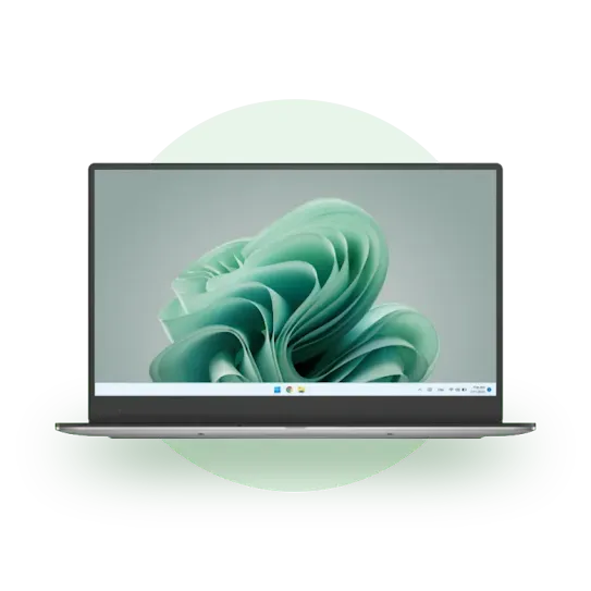 A Chromebook displaying a green abstract art screensaver.