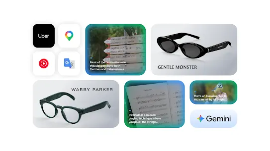 A collage showing smart glasses alongside app icons, sheet music, and Gemini AI overlays.