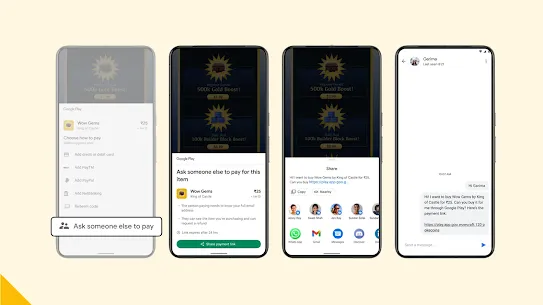 Four Pixel phones show how to ask someone else to pay, which include  selecting the "Ask someone else to pay" button, select "Share payment link", and then choose a platform to share via (Gmail, SMS, etc.)
