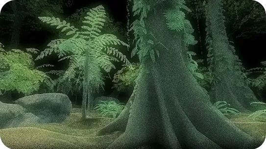 A dark, mysterious forest scene at night with glowing green ferns and massive, textured tree trunks.
