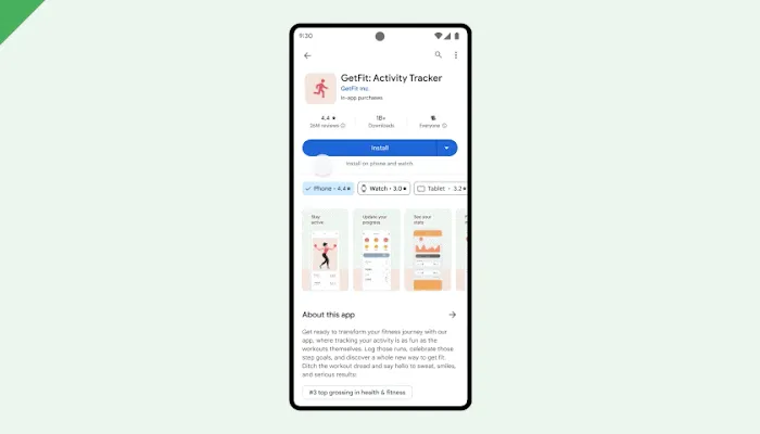 An app detail page shows device-specific screenshots and ratings