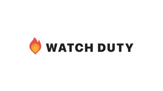 Official Watch Duty logo featuring a red, orange, and yellow flame icon next to bold black text on a white background.