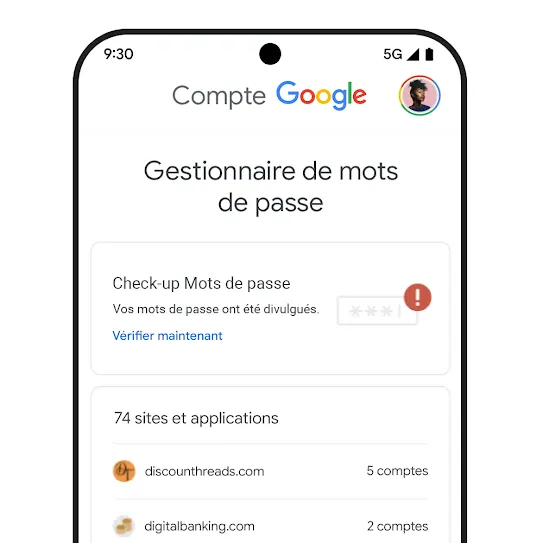 Image d'un écran de smartphone affichant un Check-up Mots de passe sous le titre du Gestionnaire de mots de passe