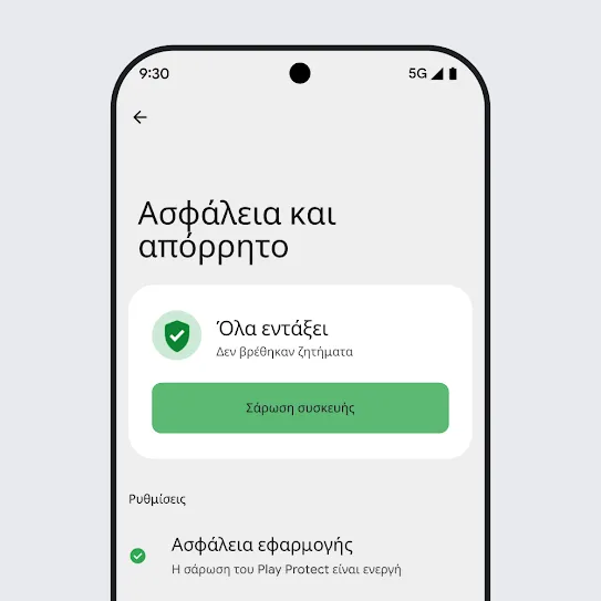 Εικόνα οθόνης smartphone με λειτουργικό σύστημα Android και ανοιχτές τις ρυθμίσεις Ασφάλεια και απόρρητο, όπου εμφανίζονται τα αποτελέσματα σάρωσης συσκευής και οι ρυθμίσεις ασφάλειας εφαρμογών.