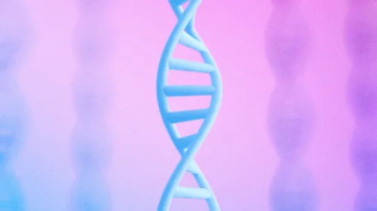 A central, light-blue DNA double helix stands in sharp focus, flanked by a series of DNA strands that fade into a soft, blurry background