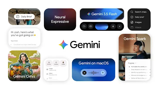 A collage highlighting Google Gemini features, including Gemini 3.5 Flash, Gemini Omni, Gemini Spark, and more. 