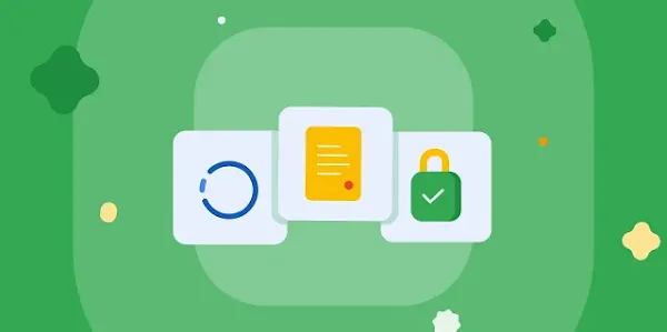 A green-themed illustration featuring three floating white icons: a blue circular arrow (refresh/process), a yellow document with a red wax seal (mandate/protocol), and a green padlock with a checkmark (security). The background has abstract green shapes and small yellow and white accents.