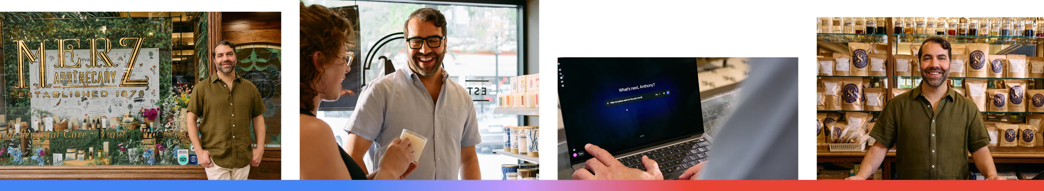 Four images of Anthony Qaiyum, the owner of Merz Apothecary, a Chicago-based herbal pharmacy and wellness shop.