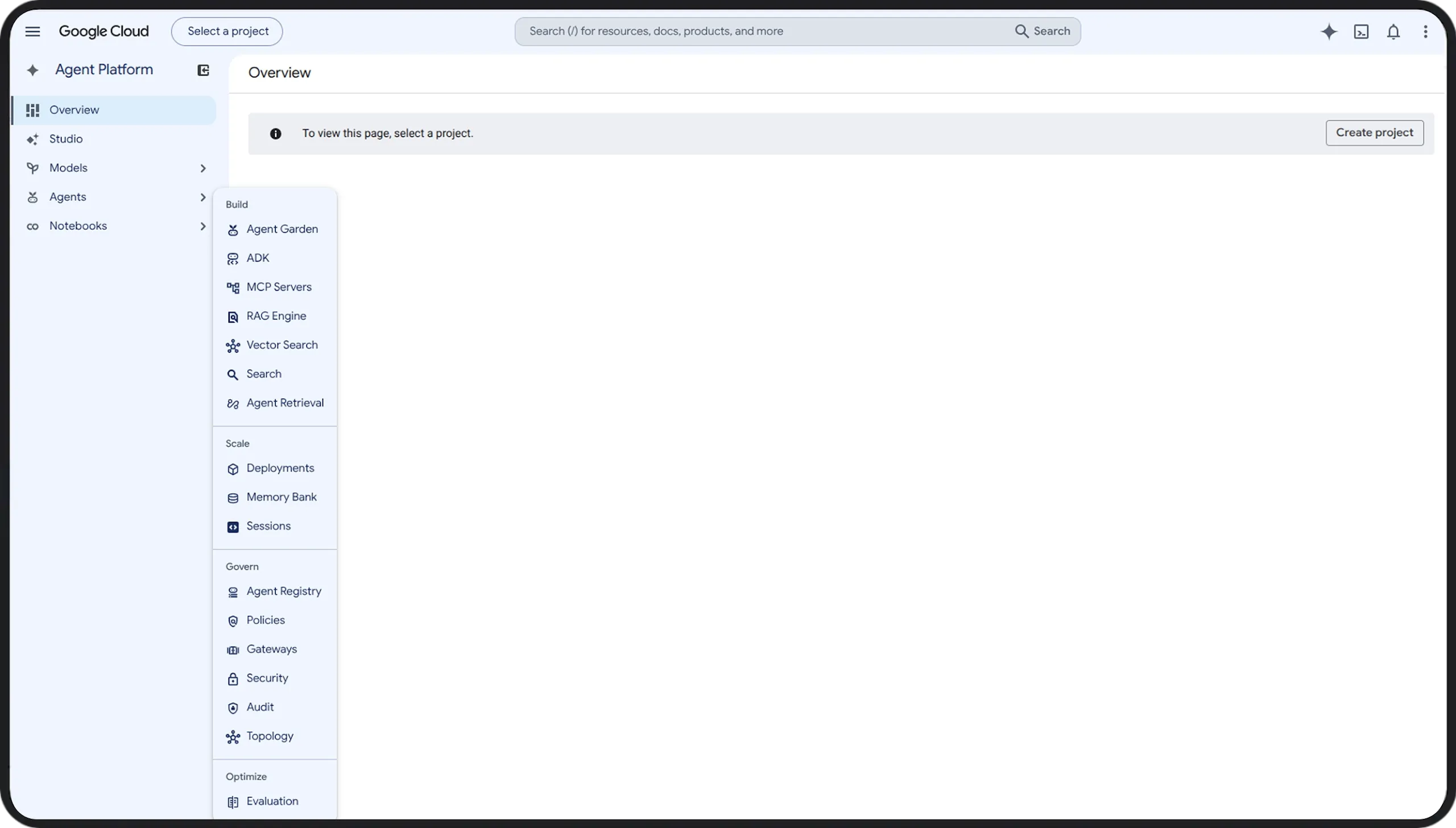 Google Cloud Agent Platform console showing the Overview page with the navigation menu expanded to display agent development, deployment, governance, and evaluation options.