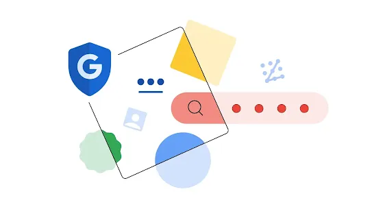 Minimalist abstract graphic showing a blue shield icon with a "G", a search bar with a magnifying glass, and various geometric shapes and dots in Google's signature colors (blue, red, yellow, and green) on a white background.