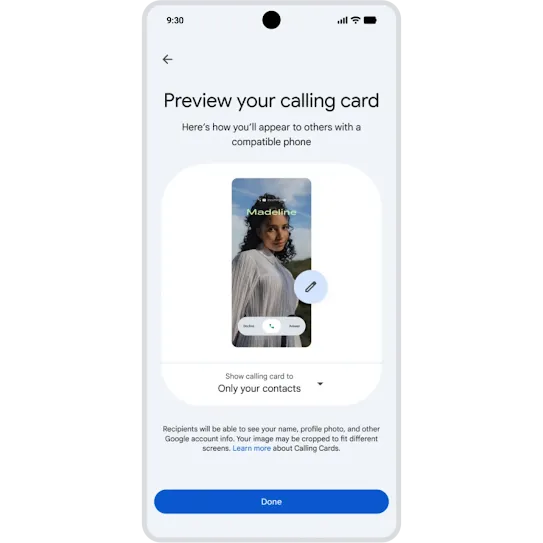 Creating a custom calling card for an outgoing call by selecting a photo, font type, and font color on an Android phone.