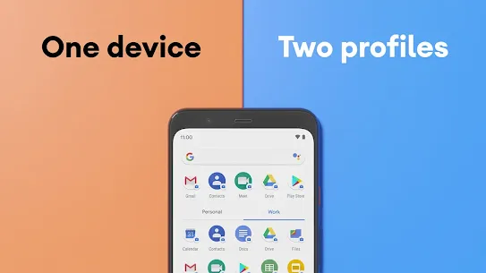 Promotional image with an orange and blue background divided by a center line featuring a smartphone showing an app drawer divided into separate personal and work categories.