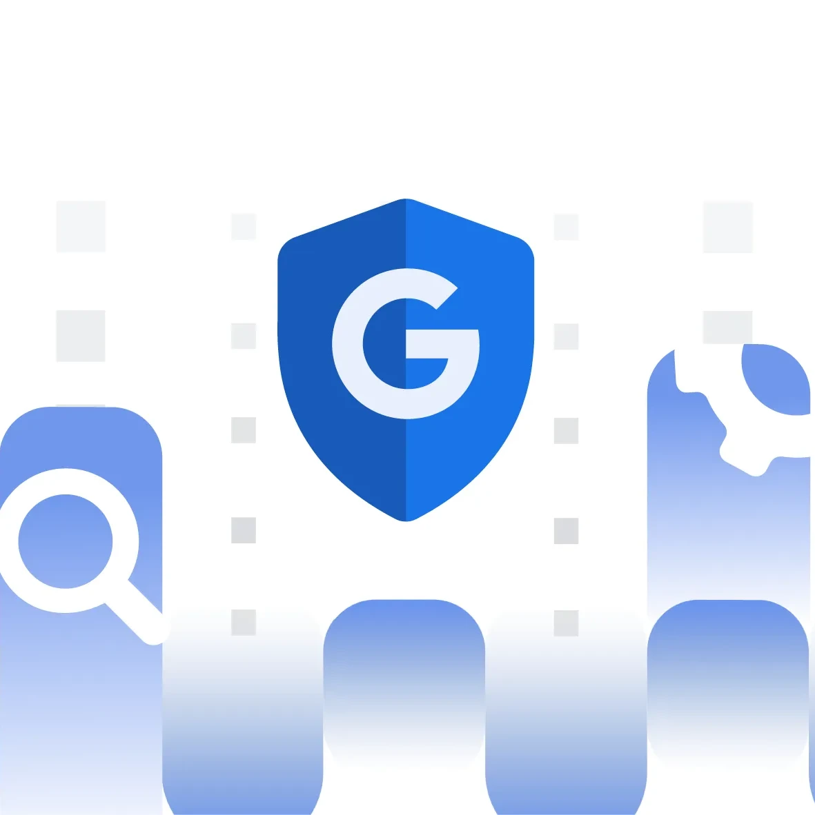 Blue shield with white 'G' at center, surrounded by rising blue gradient bars with white icons (gear, magnifying glass, eye, checklist).