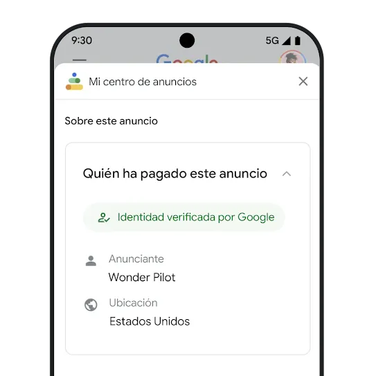 Simulación de la página "Quién ha pagado este anuncio" en Mi centro de anuncios. 