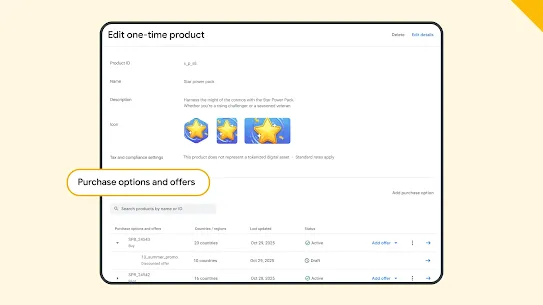 In the Play Console, a developer manages a one-time product called "Star power pack". They see options to edit the product details, set purchase options like buy or rent at the country-level, and add offers.