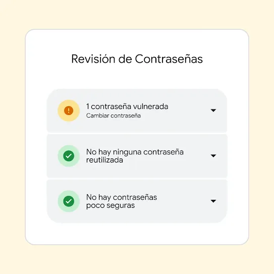 Interfaz de Revisión de Contraseñas que muestra los resultados, incluido "1 contraseña vulnerada" y una sugerencia para cambiar esa contraseña.