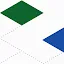 Abstract geometric graphic featuring a green diamond and a blue triangle connected by intersecting gray dotted lines on a white background.
