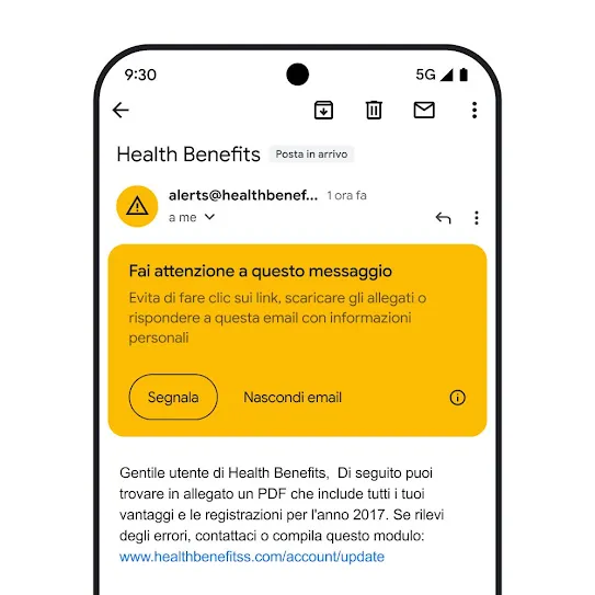 Immagine di un'email in Gmail sullo schermo di uno smartphone, che mostra un avviso di sicurezza per un potenziale tentativo di phishing.