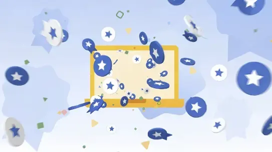 Star coins and confetti streaming from a laptop