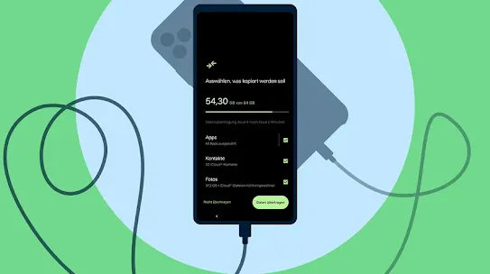 Smartphone zeigt auf Display Daten, die auf ein Android-Gerät übertragen werden sollen