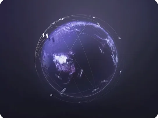 A digital 3D rendering of the planet Earth illuminated in purple tones, surrounded by a complex web of thin, intersecting orbital lines tracking multiple communication satellites in outer space.