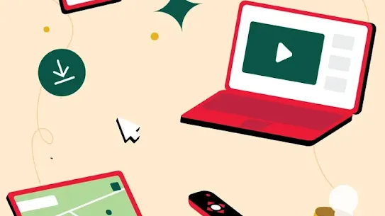 A colorful flat-design illustration against a cream background featuring various digital devices: a smartphone showing a YouTube Shorts logo, a red laptop with a video player, a tablet displaying a sports game, and a TV remote. Whimsical elements like a coffee mug, headphones, and a download icon float around the devices, representing YouTube's 2026 plans for multi-device integration.