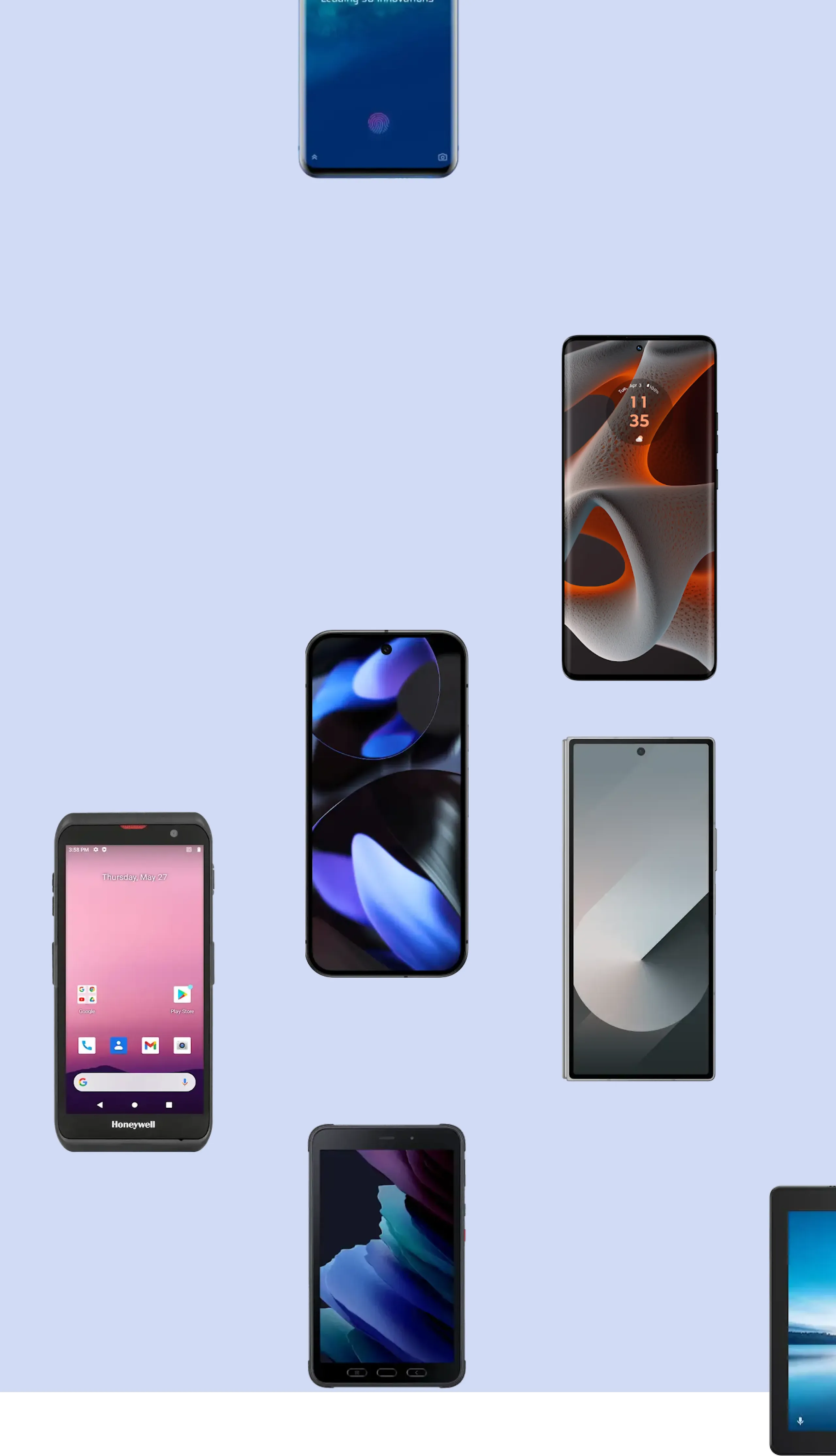 An array of various modern smartphones and a rugged handheld device displayed vertically against a light, textured background.