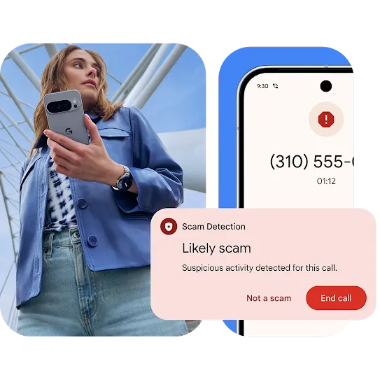 A person under a bridge-like structure is holding while looking to their left. A phone screen shows a call behind a Scam Detection notification pop-up.