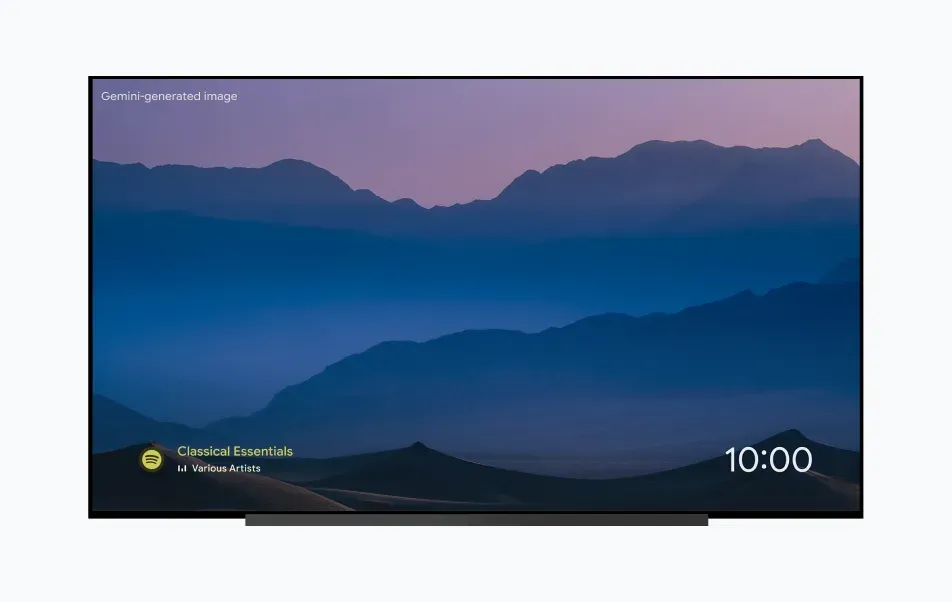 TV displaying a landscape image background. Overlaid in the bottom left corner is the title and artist of music that’s being played: “Classical Essentials” by “Various Artists”