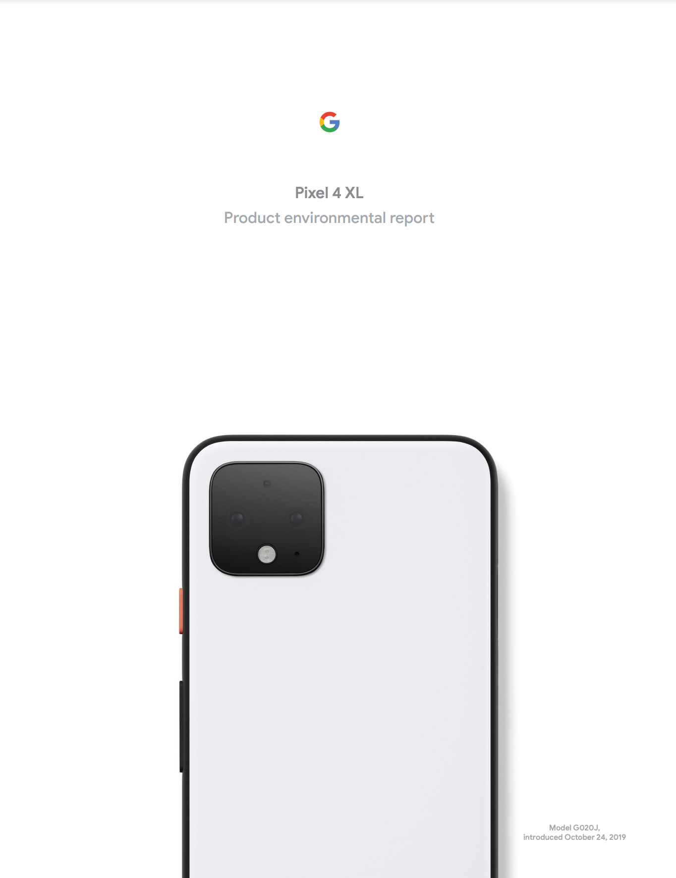 Cover image of the Pixel 4 XL Product Environmental Report