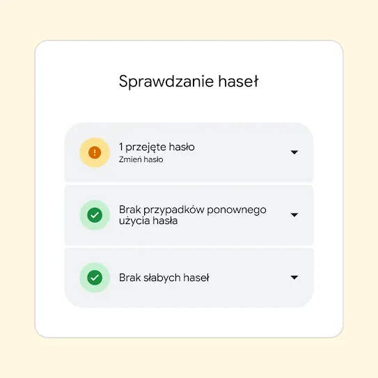 Interfejs funkcji „Sprawdzanie haseł” wyświetlający wyniki, w tym informację „1 przejęte hasło” i sugestię zmiany tego hasła.