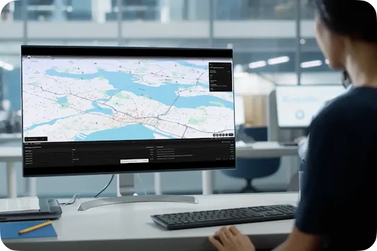 An over-the-shoulder view of a woman sitting at a modern office desk, looking at a widescreen desktop monitor. The screen displays a GIS mapping application showing a coastal city map marked with red and green data points, with a dark dashboard of traffic analytics data tables running along the bottom.