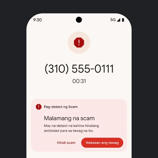 Visual ng home screen ng Pixel smartphone na nagpapakita ng notification ng awtomatikong tinanggihang spam na tawag.