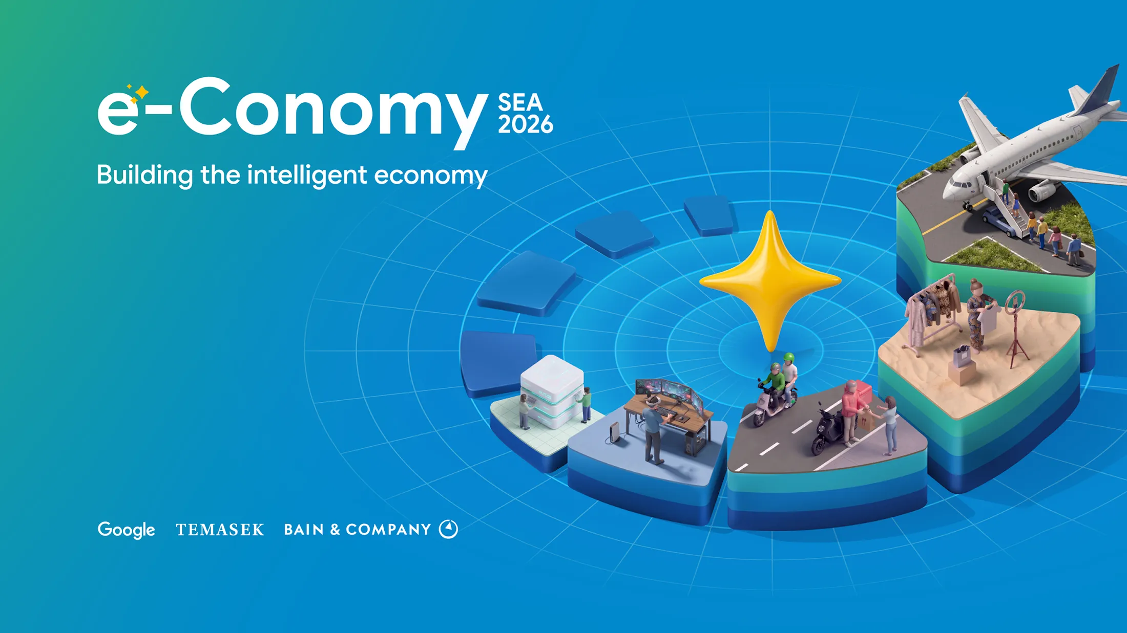 e-Conomy SEA 2026 report cover graphic titled "Building the intelligent economy", showing 3D digital industry illustrations.