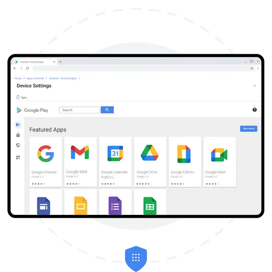 A device is showing a website page for Google Play’s device settings, highlighting the different featured apps. Behind the the device is a grey solid circle and a dashed circle right outside it. One blue shield icon is below the device.