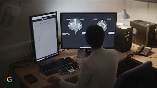A medical professional sitting at a desk reviewing mammogram scans on a large desktop monitor.