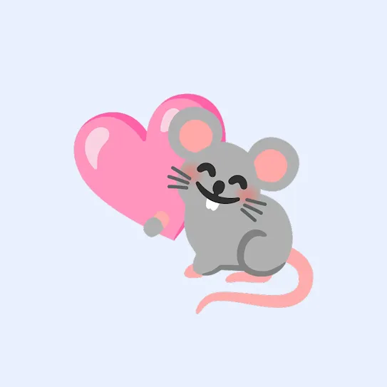 A small gray mouse smiles while clutching a pink heart, a new combo emoji available on Android. 