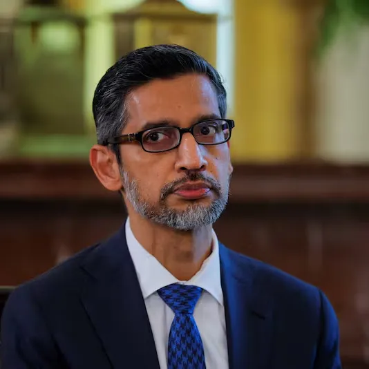 A photograph of Google CEO Sundar Pichai at the White House AI Education Taskforce meeting