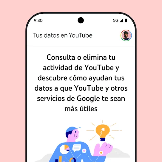 Imagen de la pantalla de un smartphone con YouTube abierto, en la que se muestra un mensaje informativo sobre "Tus datos en YouTube" que incluye detalles sobre cómo consultar y eliminar el historial de actividad.