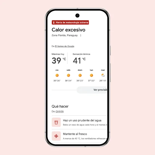 Pantalla de un smartphone en la que se muestra una alerta pública de Google Clima por calor excesivo en Añatuya, provincia de Santiago del Estero, Argentina. El panel muestra un pronóstico de calor intenso que predice temperaturas de hasta 37 grados Celsius con índice de calor que indica 44 grados, acompañado de recomendaciones de seguridad de GHHIN, como mantenerse hidratado y fresco.