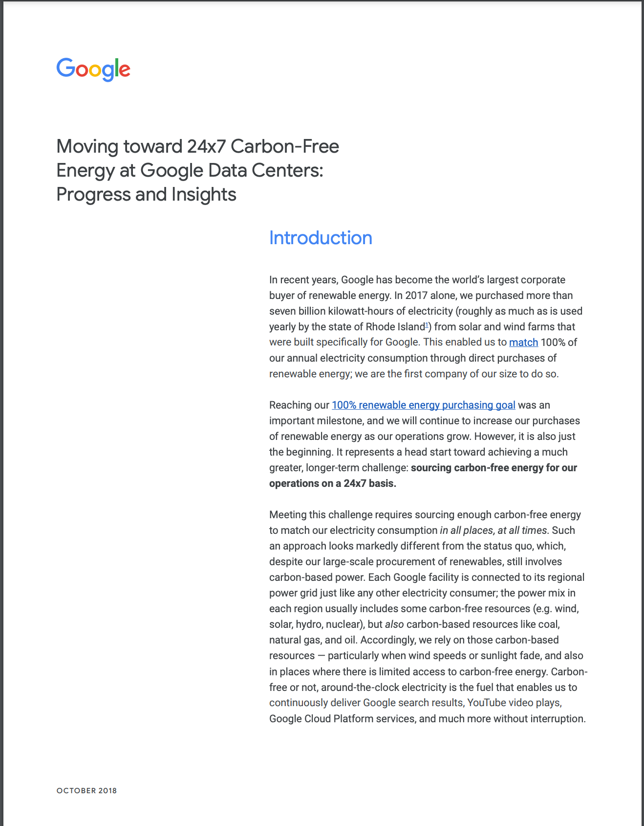 Cover image of a white paper titled: Moving toward 24x7 Carbon-Free Energy at Google Data Centers: Progress and Insights