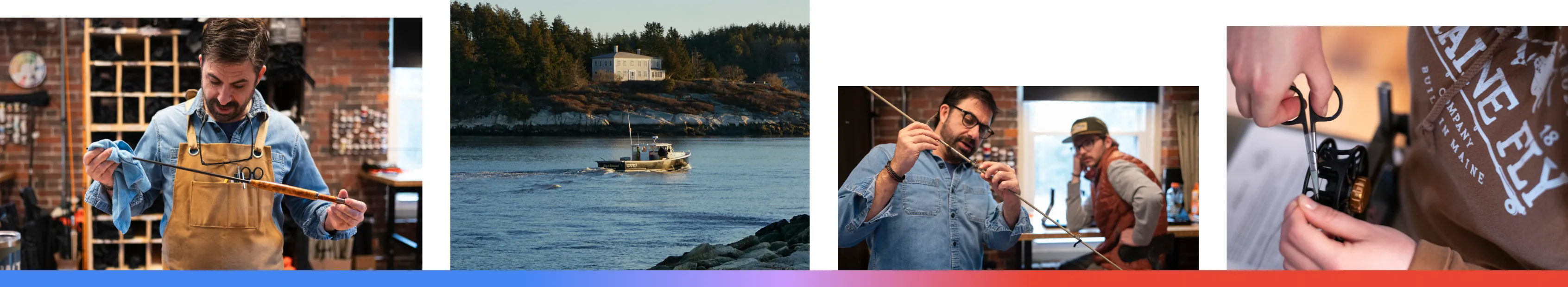 A composite of four images featuring Maine Fly Company in Yarmouth, Maine, showing the artisan process of hand-building fly rods, a scenic coastal Maine landscape, the team collaborating in their workshop, and a close-up of the intricate technical work involved in crafting high-quality fishing gear.