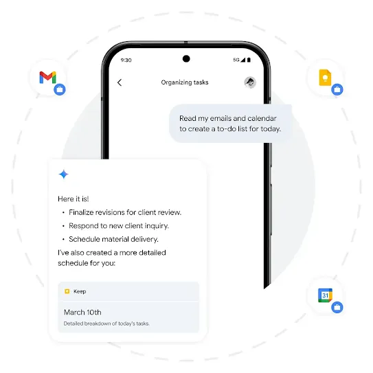 A phone screen showing an abstract example of how the Gemini app creates a to-do list from their emails and calendar. Three Google app icons are scattered around the phone.