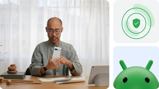 A man using a smartphone at a desk, shown alongside and android bot and a green security shield icon.