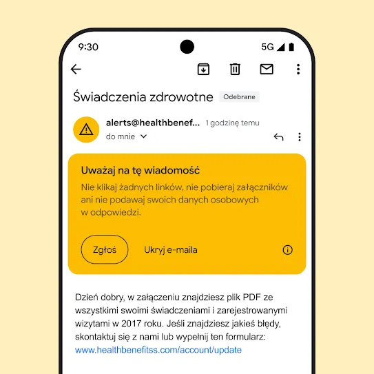 Ilustracja przedstawiająca ekran smartfona z otwartą aplikacją Gmail, w której widać e-maila z alertem bezpieczeństwa dotyczącym potencjalnej próby wyłudzenia informacji.