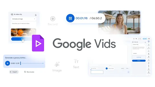 Google Vids logo surrounded by various UI icons. 
